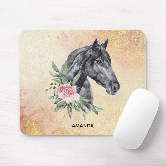 Schönes Schwarzes Pferd Kopf Portrait Wasserfarbe Mousepad (Mit Mouse)