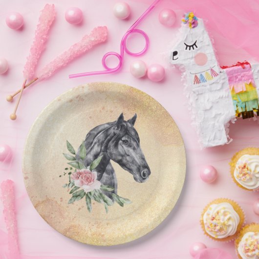 Schönes Schwarzes Pferd Kopf Portrait Wasserfarbe Pappteller (Party)