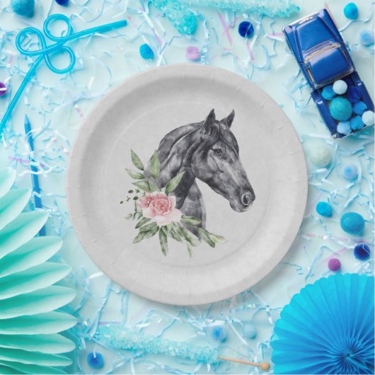 Schönes Schwarzes Pferd Kopf Portrait Wasserfarbe Pappteller (Party)