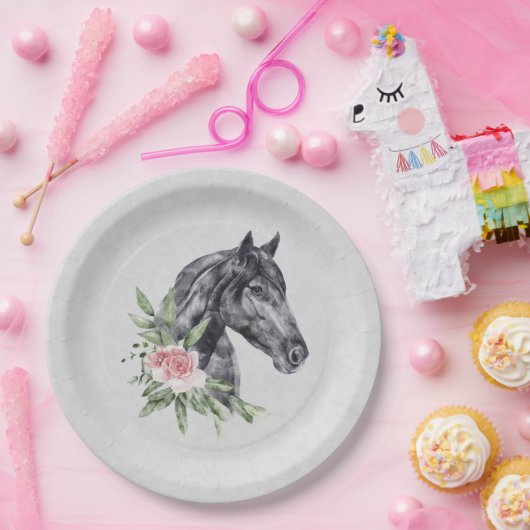 Schönes Schwarzes Pferd Kopf Portrait Wasserfarbe Pappteller (Party)