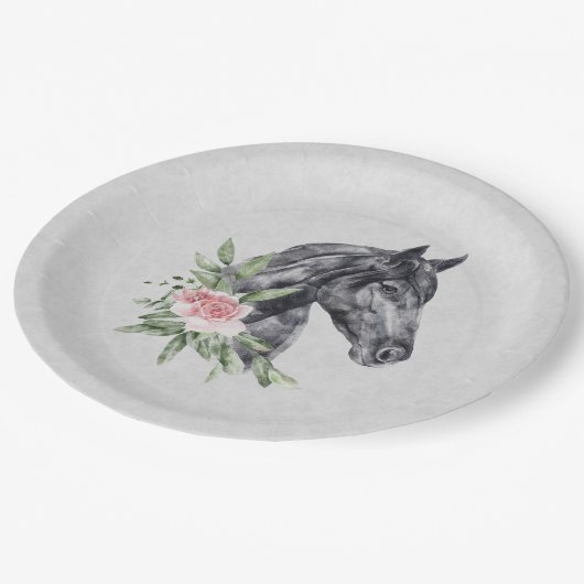 Schönes Schwarzes Pferd Kopf Portrait Wasserfarbe Pappteller (Schrägansicht)