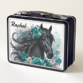 Schönes Schwarzpferd mit Aquamarinen Blume Metall Brotdose (Rückseite)