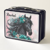 Schönes Schwarzpferd mit Aquamarinen Blume Metall Brotdose (Rückseite)