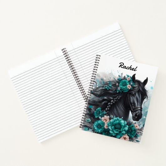 Schönes Schwarzpferd mit Aquamarinen Blume Notizblock (Innenseite)