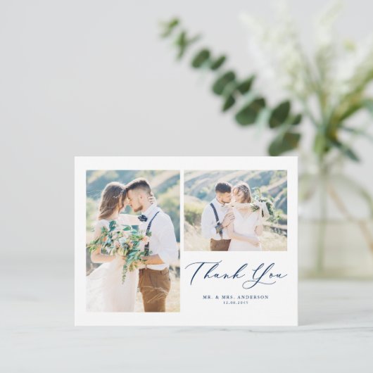 Schönes Script Blue Two Foto Collage Vielen Dank Postkarte (Stehend Vorderseite)