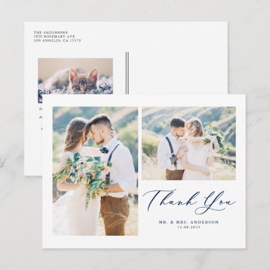 Schönes Script Blue Two Foto Collage Vielen Dank Postkarte (Vorne/Hinten)