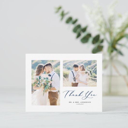 Schönes Script Blue Two Foto Collage Vielen Dank Postkarte (Stehend Vorderseite)