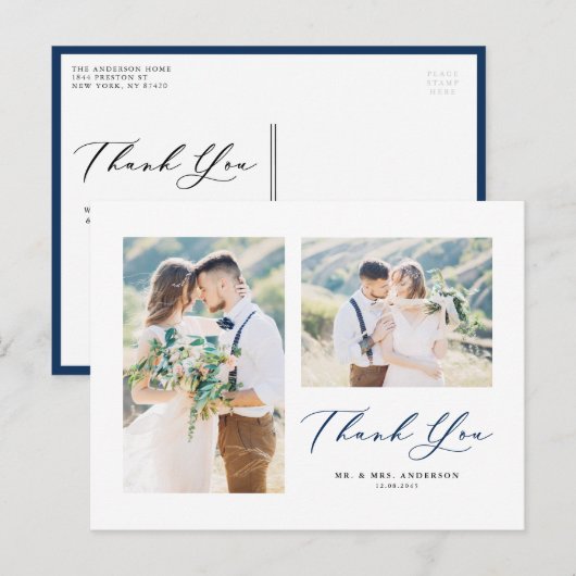 Schönes Script Blue Two Foto Collage Vielen Dank Postkarte (Vorne/Hinten)