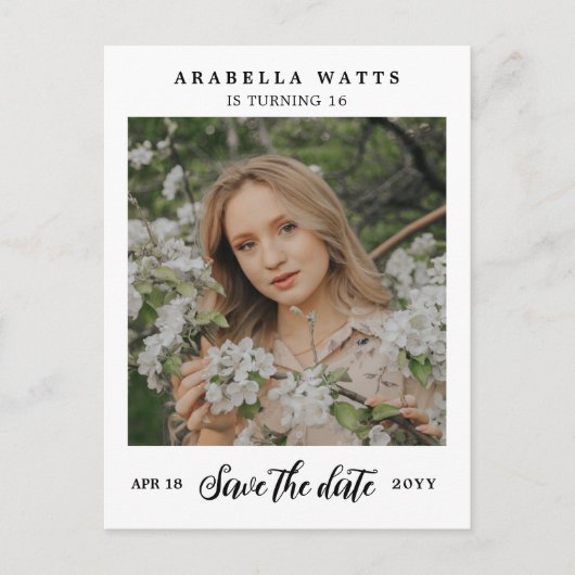 Schönes Script Sweet 16 Foto Save the Date Ankündigungspostkarte (Vorderseite)