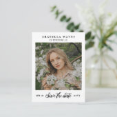 Schönes Script Sweet 16 Foto Save the Date Ankündigungspostkarte (Stehend Vorderseite)