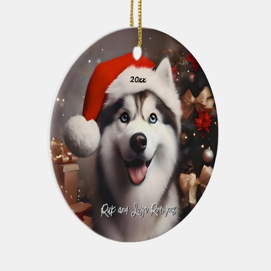 Schönes sibirisches Husky mit Weihnachtsmannmütze Keramik Ornament (Rechts)