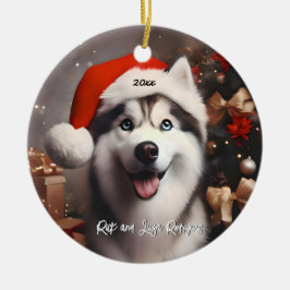 Schönes sibirisches Husky mit Weihnachtsmannmütze Keramik Ornament