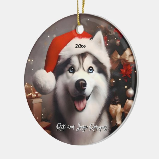 Schönes sibirisches Husky mit Weihnachtsmannmütze Keramik Ornament (Links)