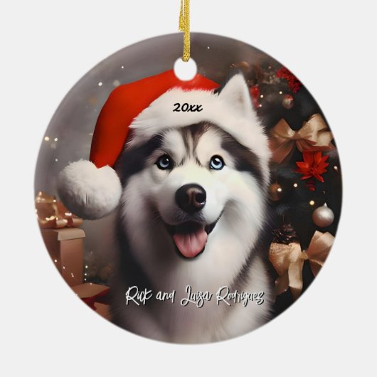 Schönes sibirisches Husky mit Weihnachtsmannmütze Keramik Ornament (Hinten)