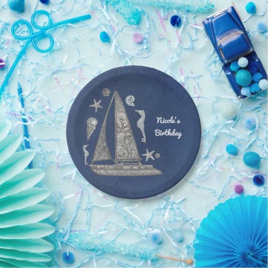 Schönes Silberboot & Beach Dinge Elegantes Party Pappteller (Party)