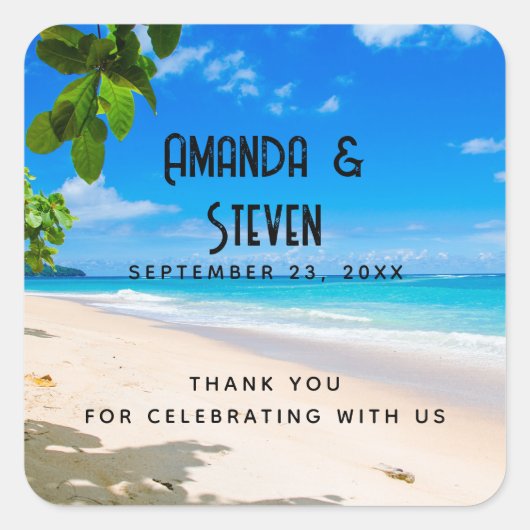 Schönes Sonnenstrand Foto Hochzeit Quadratischer Aufkleber (Vorderseite)