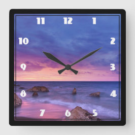 Schönes Sonnenuntergang Küstenbild Quadratische Wanduhr