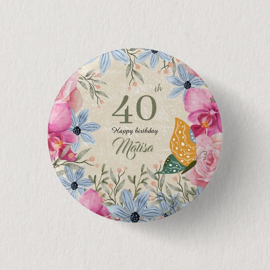 Schönes Spiel Moderne rustikale Blumen 40. Geburts Button (Vorderseite)