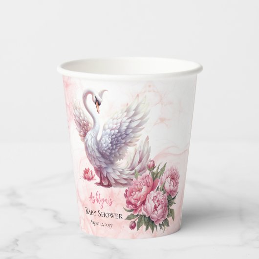 Schönes Swan Pink Floral Girl Babydusche Pappbecher (Rückseite)