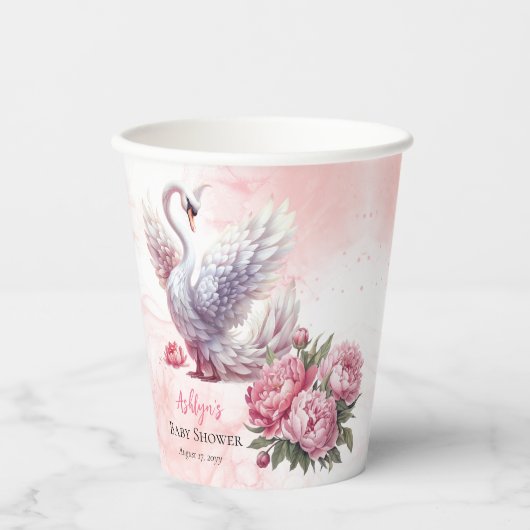 Schönes Swan Pink Floral Girl Babydusche Pappbecher (Vorderseite)
