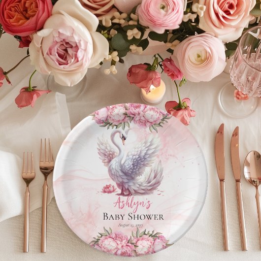 Schönes Swan Pink Floral Girl Babydusche Pappteller