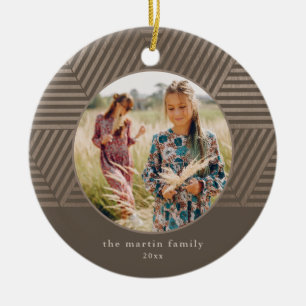 Schönes Taupe Geometric Pattern Foto Weihnachten Keramik Ornament