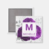 Schönes Tief Lila und Silver Blume Monogramm Magnet (Vorderseite/Rückseite)