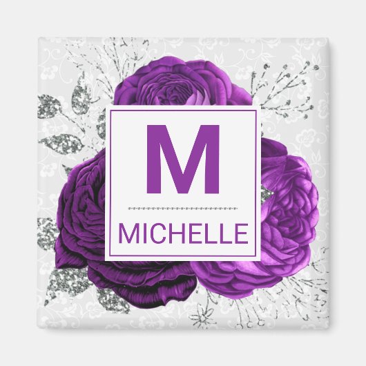 Schönes Tief Lila und Silver Blume Monogramm Magnet (Vorne)