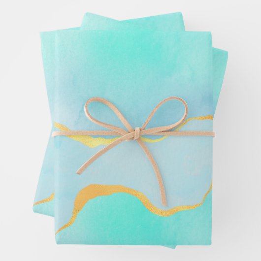 Schönes tropisches grünes Blau mit goldener Grenze Geschenkpapier Set (Beispiel)