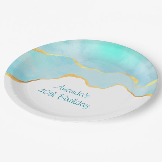 Schönes tropisches grünes Blau mit goldener Grenze Pappteller (Schrägansicht)