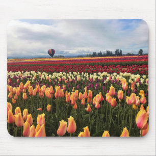 Schönes Tulip Field mit Heißluftballon, Oregon Mousepad