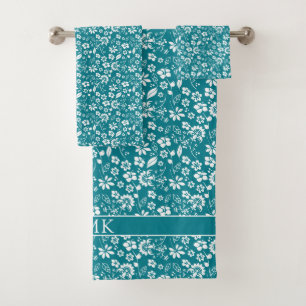Schönes Türkis-Blau-Blumenmuster-Monogramm Badhandtuch Set