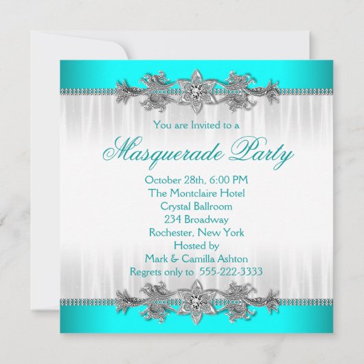 Schönes türkisblaues Masquerade Party Einladung (Rückseite)