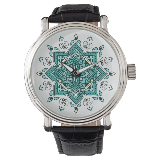 Schönes türkisfarbenes Mandala-Design Armbanduhr (Vorderseite)