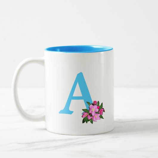 Schönes türkisfarbenes Monogramm mit Apfel-Blume Zweifarbige Tasse (Links)