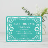 Schönes Verziertes Papel Picado Foto Aqua Wedding Save The Date (Stehend Vorderseite)