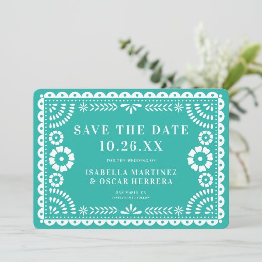 Schönes Verziertes Papel Picado Foto Aqua Wedding Save The Date (Stehend Vorderseite)