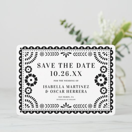 Schönes Verziertes Papel Picado Foto B&W Wedding Save The Date (Stehend Vorderseite)