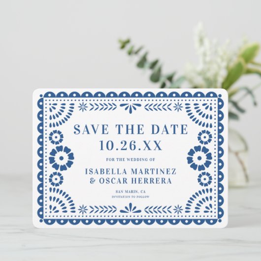 Schönes Verziertes Papel Picado Foto Blue Wedding Save The Date (Stehend Vorderseite)