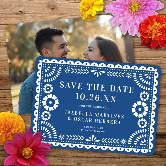 Schönes Verziertes Papel Picado Foto Blue Wedding Save The Date