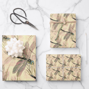 Schönes Vintages Dragonfly-Muster Geschenkpapier Set