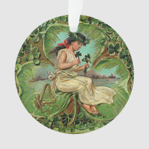 Schönes Vintages Mädchen mit Kleeblättern Ornament