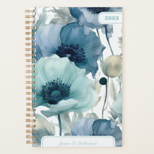 Schönes Wasserfarben-Blau-Blumenmuster-Personalisi Planer (Vorderseite)
