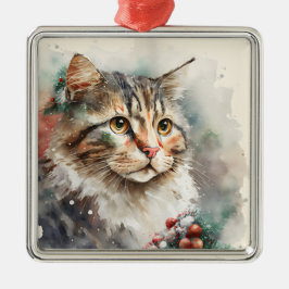 SCHÖNES WASSERFARBENFARBIGES WINTERTABBY CAT-FELD ORNAMENT AUS METALL