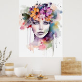 Schönes Wasserfarbenmädchen mit Blume in ihrem Haa Poster (Küche)