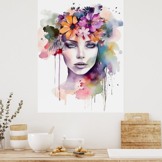 Schönes Wasserfarbenmädchen mit Blume in ihrem Haa Poster (Küche)