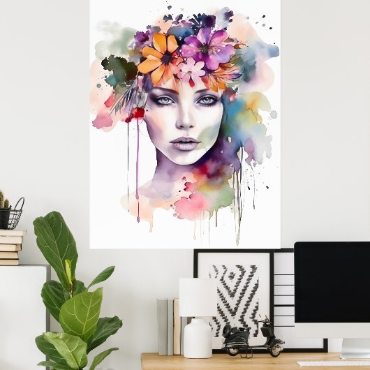 Schönes Wasserfarbenmädchen mit Blume in ihrem Haa Poster (Heimbüro)