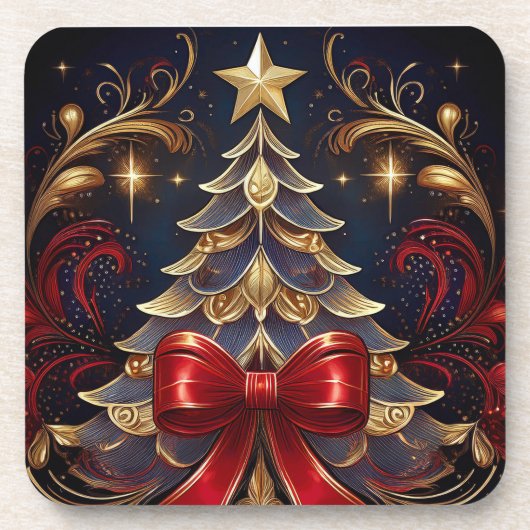 Schönes Weihnachtsbaum Red Ribbon Design Getränkeuntersetzer (Vorderseite)