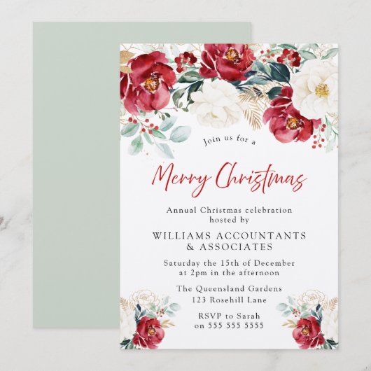 Schönes Weihnachtsfest in Rot-Grün-Blüte-Party Einladung (Vorne/Hinten)