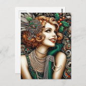 Schönes Weihnachtsflapper Frau Grünes Kleid Postkarte (Vorne/Hinten)